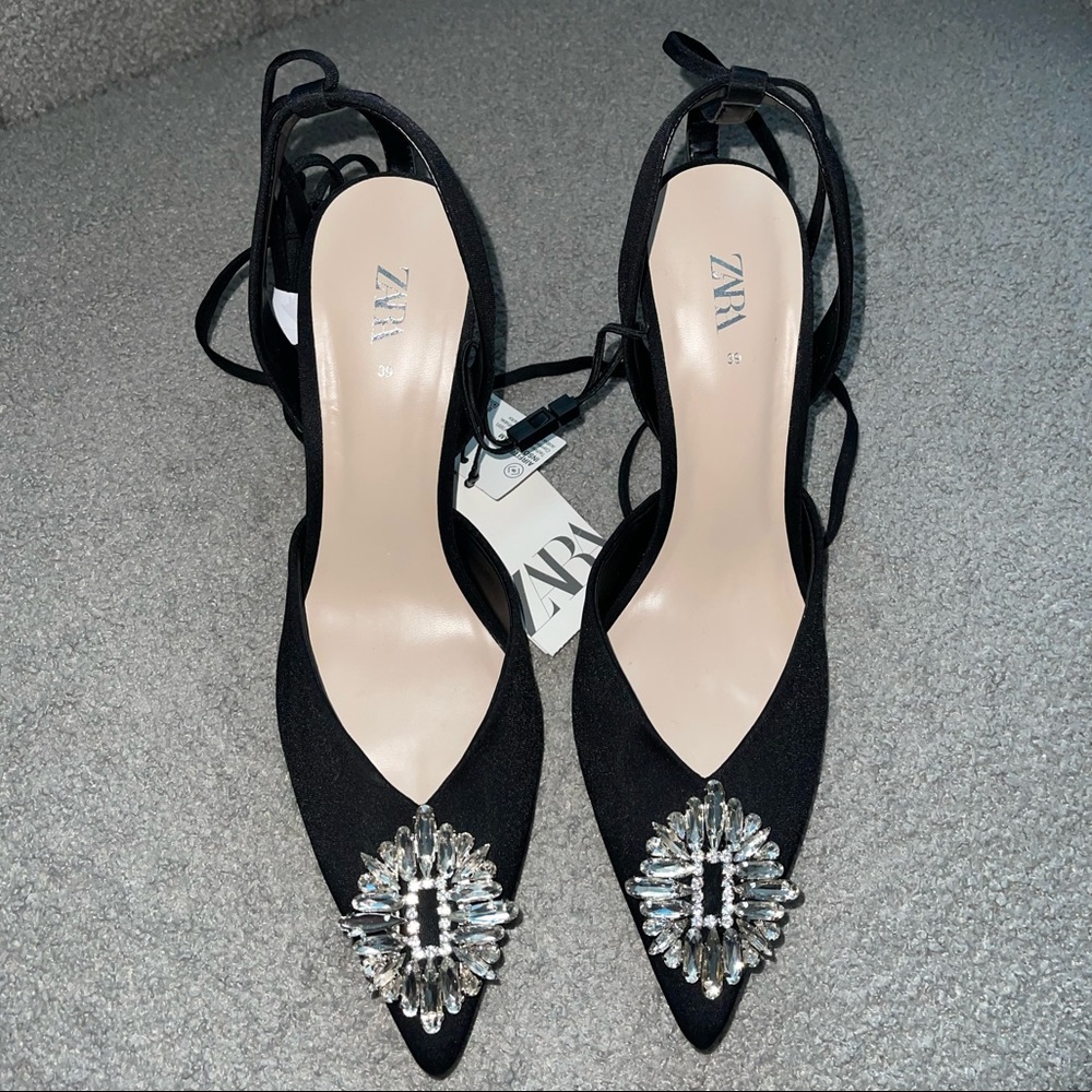 Zara Black Satin Pointed Slingback Heels with Crystal Brooch - Picture 10 of 16